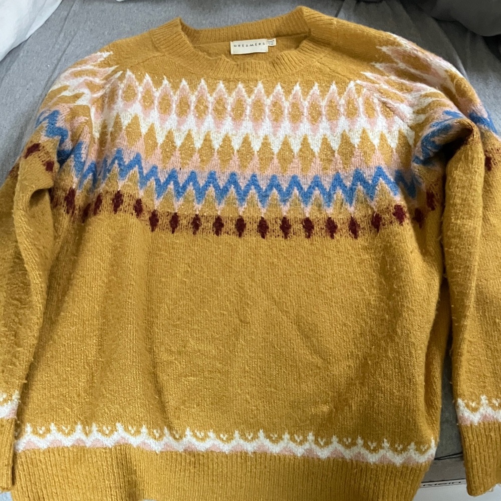 Dreamers Mustard and Blue Patterned Crewneck Sweater